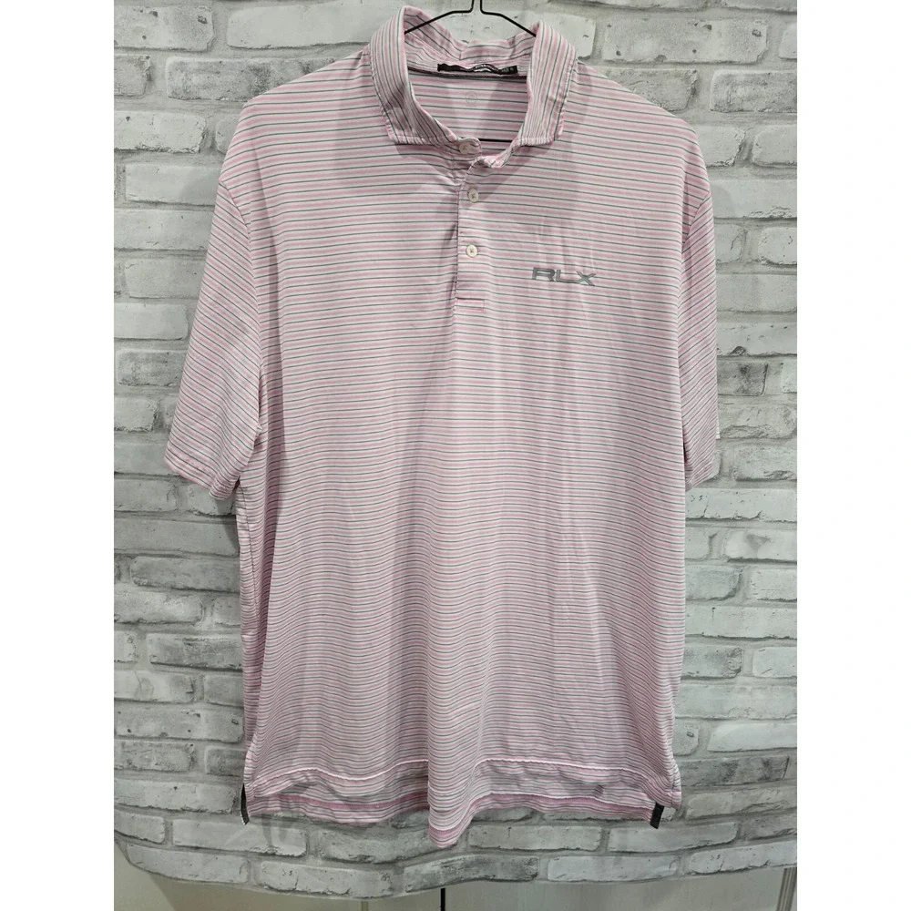 Ralph Lauren RLX Pink Gray White Horitzontal Stripe Polo Sz XL‎ Embroidered Logo